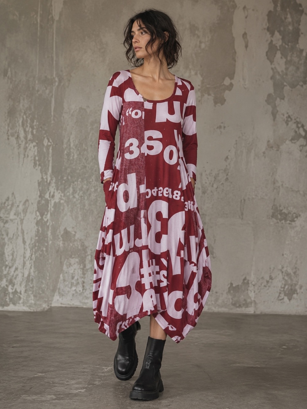 Rundholz Dress Midi Cotton Tee Bubble Hem in Pink Red Graphic